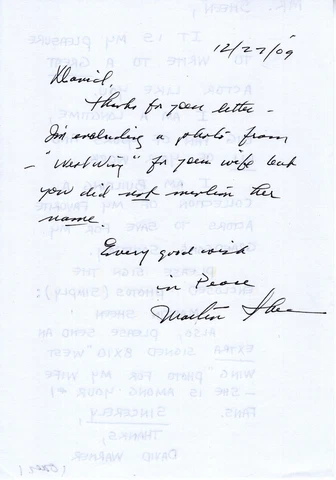MARTIN SHEEN HAND SIGNED NOTE ON A FAN LETTER FROM 2009+COA       THE WEST WING Cover