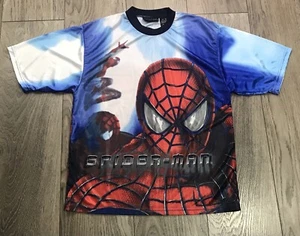 VINTAGE Spiderman Shirt Size Medium Blue Red All Over Print AOP Movie Promo 2002 - Picture 1 of 8