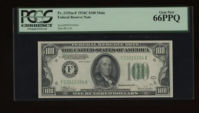 DBR 1934-C $100 Atlanta Mule Gem Fr. 2155-Fm PCGS 66 PPQ Serial F03910394A - Image 1 of 2