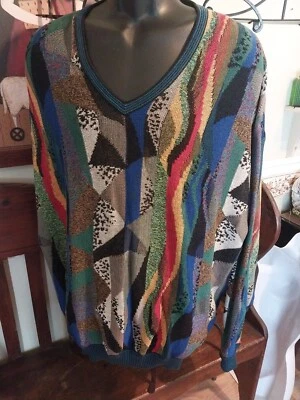 St. Croix Knits Coogi-Style Colorful Abstract Sweater Vintage USA 2XL Read! - Image 1 of 4