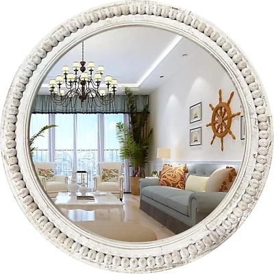 Rustic round Wall Mirror, 24 Inch Wood Circle Mirror with Beads, Decorative Farm - Image 1 of 4