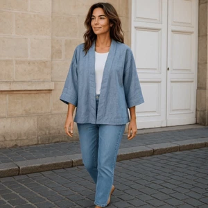 Andrea Jovine Linen Cross Dye Kimono Jacket Cardigan Small Blue Chambray - Picture 1 of 11