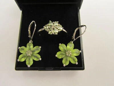 Classic Peridot Drop Earrings & Ring in 9ct White Gold - Image 1 of 4