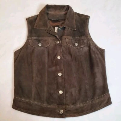 Vakko Vest Brown Leather Suede Collared Button Down Pockets Lined Size M - Image 1 of 4
