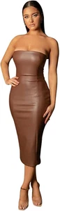 Women Sexy Strapless Tube Top Club Midi Dress off Shoulder Bodycon Party Faux Le - Picture 1 of 12