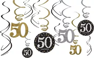 50 Cumpleaños Fiesta Decoración Negro Oro Edad 50 Colgante Remolino Fiesta Decoración x 12 - Imagen 1 de 3