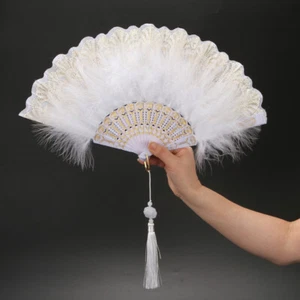 1x Lace Feather Folding Fan Fluffy Hand Fan Gothic for Wedding Dance Stage Retro - Picture 1 of 17