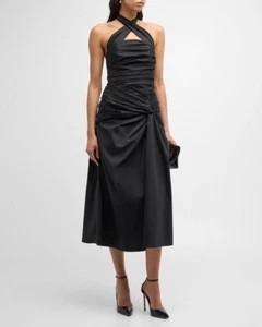 $2290 Carolina Herrera Women Gathered Halter Midi Dress Size 8 Black NEW W/ TAGS - Picture 1 of 9