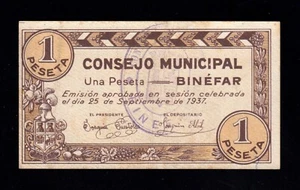 F.C. BINÉFAR (HUESCA) , 1 PESETA 1937 , EBC- . - Imagen 1 de 2