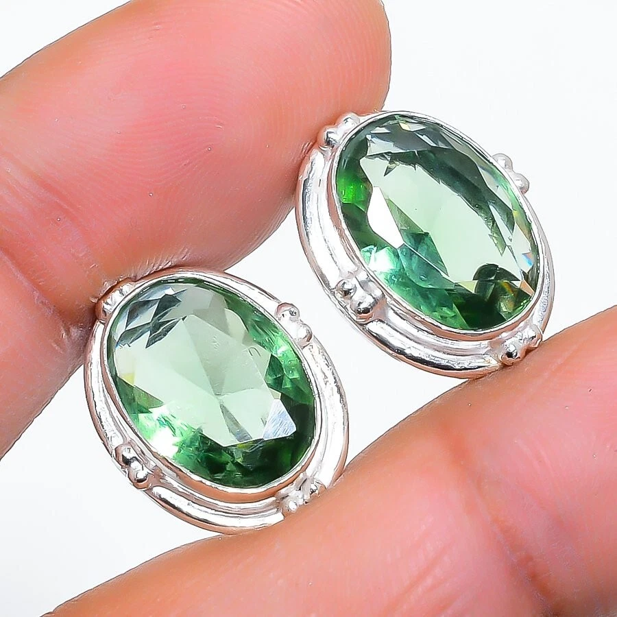 Green Amethyst Gemstone 925 Sterling Silver Jewelry Stud Earring Size 0.75" - Image 1 of 1