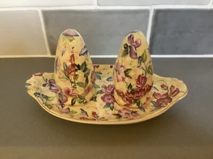 Set cruet floreale Chintz ceramica Wade, motivo cardo, sale, pepe e supporto - Foto 1 di 12