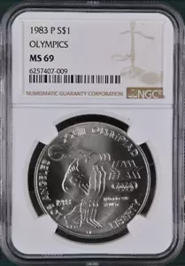:1983 P $1-SILVER XXIII-OLYMPIC DISCUS COMMEMORATIVE NGC MS 69 R2 HIGHEST GRADES - Picture 1 of 2