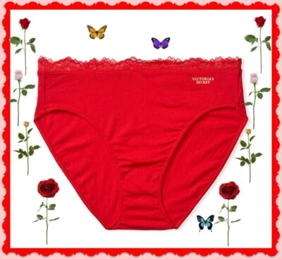 XL  Bright Red Stretch Cotton Victorias Secret High-Leg LACE Waist Brief Pantie - Image 1 of 4