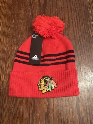 Chicago Blackhawks Adidas Red & Black Pom Knit Hat Cap Brand New - Image 1 of 2
