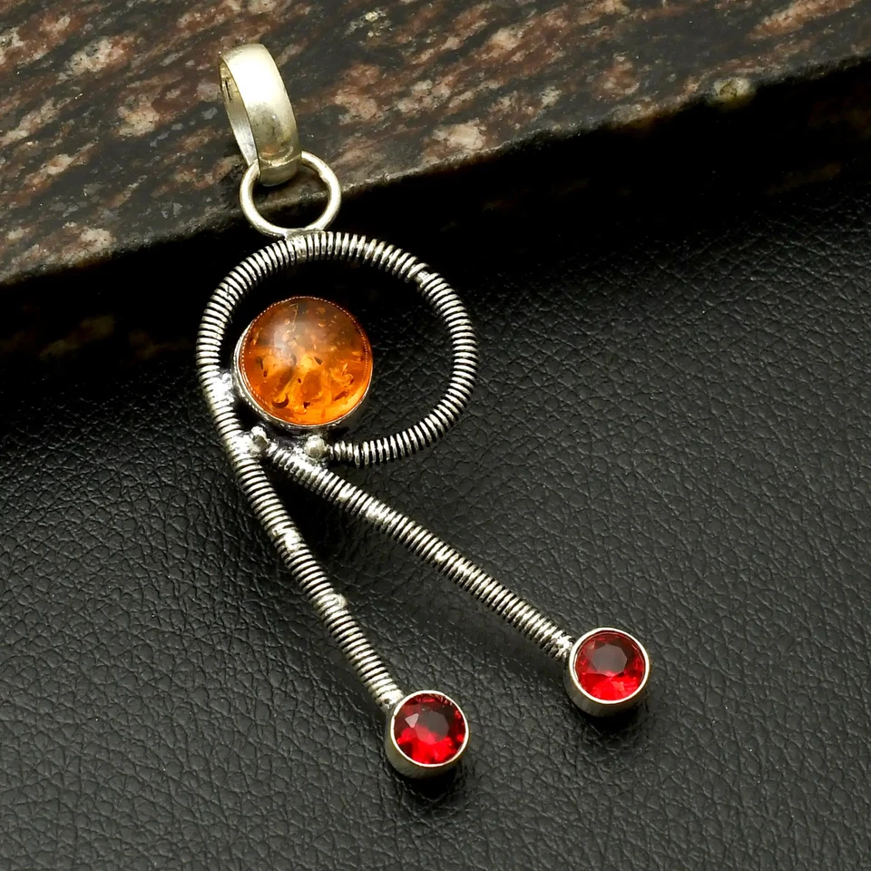 Joyería colgante R de piedras preciosas granate ámbar hecha a mano para Navidad 2,6" AP-23713 Foto 1 de 1