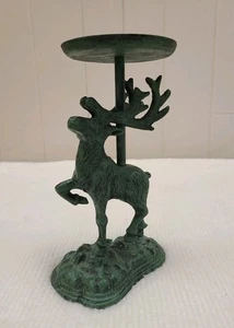 Gusseisen Hirsch Kerzenhalter Kerzenständer 8" hoch Rentier Elch Faux grüne Patina - Bild 1 von 11
