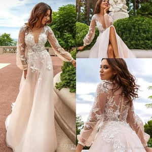 Romántico Sexy Vestidos de Boda Cuello en V Profundo Ver a través de la Espalda Mangas Largas Botón - Imagen 1 de 12