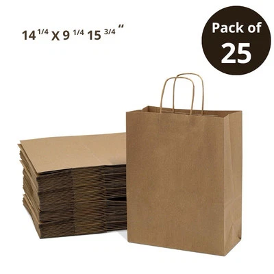 Bolsas de Papel Kraft con Asas Torcidas - Pack de 25, Grandes y Reutilizables - Image 1 of 4