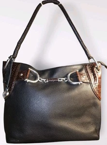 Vintage Brighton Handtasche S104540 schwarz Kiesel Leder braun Krokoprägung - Bild 1 von 14