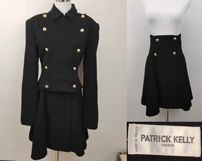 Vintage Patrick Kelly Skirt Suit Set Women's size 6 Black Gold Buttons #W3880 - Image 1 of 4