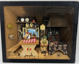 Diorama scatola ombra legno 3D vintage arte popolare 9x7,5 con uomo e donna, ganci - Foto 1 di 7