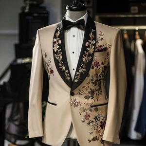 Regal Garden Embroidered Tuxedo with Satin Lapels and Handcrafted Detailing - Picture 1 of 5