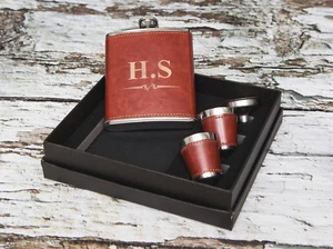 7oz Full Leather Personalised Hip Flask Set - Gift Box Fathers Day, Son, Dad - Picture 1 of 10