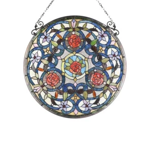 24" Tiffany Style Stained Glass Window Round Rose Garden Panel with Chain - Imagen 1 de 2