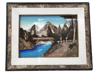 Vtg MCM Japanese Nature Art Bark Moss Painting Picture Mixed Media Landscape 15" - Picture 1 of 20