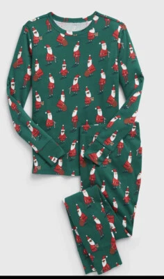 NWT Gap Boys Christmas Pajamas Organic Green Two Piece Santas White & Black sz 6 - Image 1 of 4