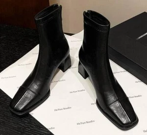 Damen-Stiefeletten spitz zulaufend Blockabsatz Leder Retro Reißverschluss Winter warm Schuhe - Bild 1 von 10