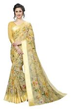 Women's Indian Linen Blend Printed Saree with Unstitched Blouse