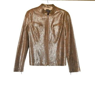 VS2 by VAKKO Snake Print Genuine  Leather zipper Jacket BROWN GOLD Size 14 - Image 1 of 4