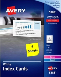 [4 hojas] Tarjetas de índice blancas Avery 5388 3"" x 5"" (3 tarjetas por hoja) - Imagen 1 de 1