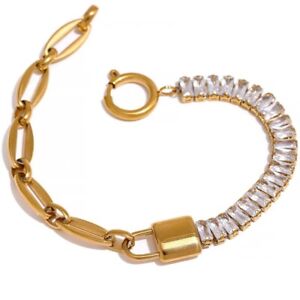 Cuban Link Vintage Women 14k Golden Cubic Zircon Lock Bracelet Bangle Antique