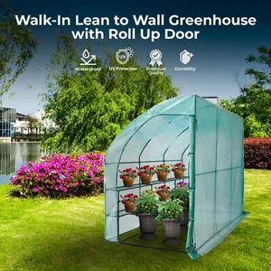 Lean To Greenhouse - 6 Shelves Walk In Greenhouse With Green PE Cover, Roll-Up - Picture 1 of 3