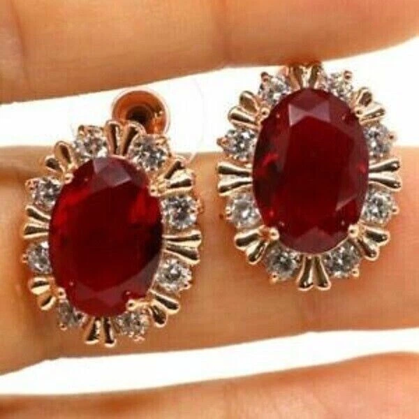 14K Rose Gold Plated 2.90Ct Lab Created Oval Red Ruby Diamond Halo Stud Earrings - Image 1 of 4