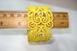 Wide Yellow Enamel Clear Rhinestone Filigree Metal Stretch Bracelet - Picture 1 of 3
