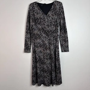 Talbots Dress A Line Womens L  paisley brown black  long sleeve V neck - Picture 1 of 12