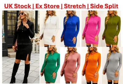 Ladies Ribbed Jumper Dress Womens Stretch Knitted Long Top Winter Sweater NEW - Image 1 of 4