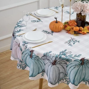 NEW Fall Tablecloth 70Inch Round Thanksgiving Autumn Harvest Pumpkin Blue - Picture 1 of 3