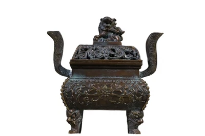 6.5" Antique Bronze Censer (Incense Burner) - Qianlong Mark with Foo Dog &4 legs - Image 1 of 4