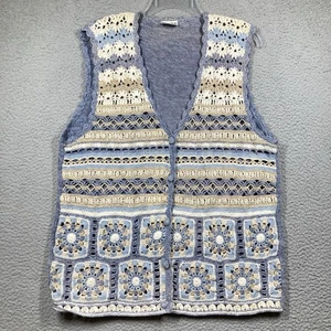 Koret City Blues Sweater Womens Med Blue Button Vest Granny Square Boho Cottage - Picture 1 of 13