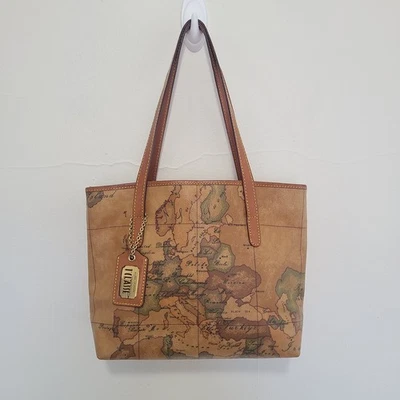 Bolsa tote de couro ALVIERO MARTINI 1’CLASSE estampa geográfica mapa bolsa média  - Imagem 1 de 4