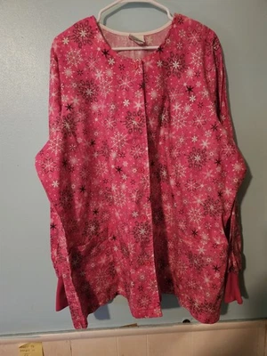 Peaches Brand Snowflakes On Bright Pink Scrub Jacket- sz 2XL - Image 1 of 4