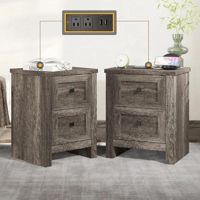  Nightstand Set of 2 with Charging Station, Rustic Bedside Table with Drawer - Изображение 1 из 4