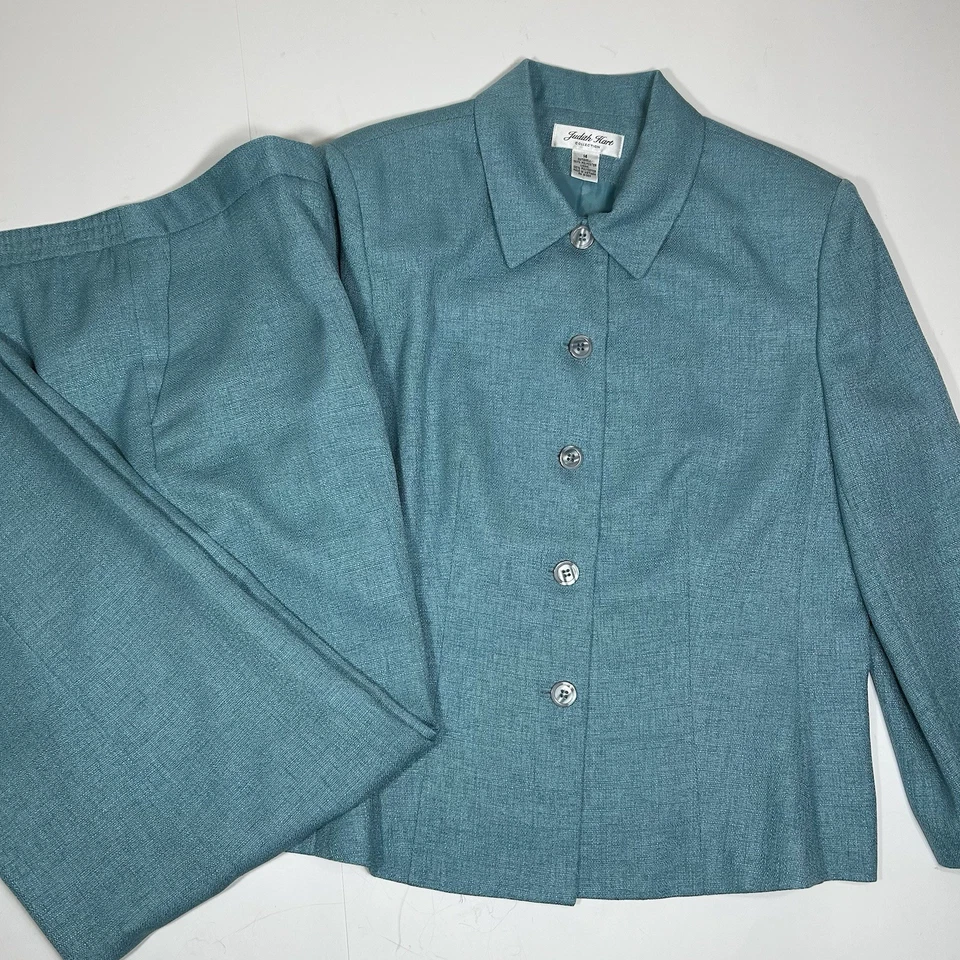 Judith Hart Collection 2 peças jaqueta e calça terno verde-azulado forrado manga 3/4 tamanho 14 - Imagem 1 de 4