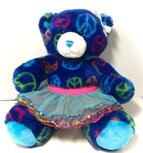 Build A Bear BAB Peace Sign Teddy Bear 12”Plush Dark Blue Stuffed Toy With Skirt - Picture 1 of 11