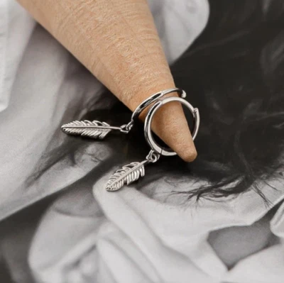 2025 Feather Dangle Drop Hoop 925 Sterling Silver Plated Earrings Jewelry Gift - Image 1 of 4