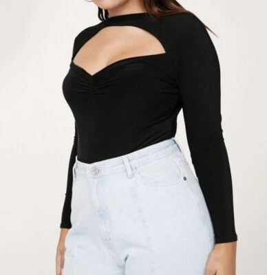 全新带标签 Nasty Gal 女式大码 Skinky 长袖镂空紧身衣 16 码黑色 — 第 1/4 张图片